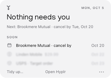 Hyplr’s panel, nothing urgent: next, Brookmere Mutual home policy — cancel by Tue, Oct 20.