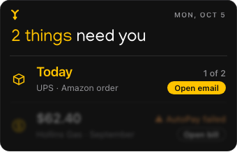 Hyplr’s panel: an Amazon order arriving today with UPS, 1 of 2 packages, with Open email.