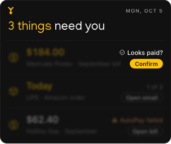 Hyplr asking “Looks paid?” about Westvale Power’s $184.00 bill after its payment email arrives.