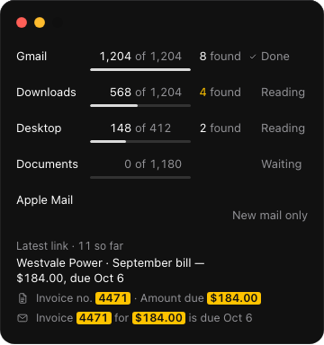 Hyplr reading your Mac — Gmail, Downloads, Desktop and Documents — to 100%, then its summary: 23 of 26 bills are already paid, and 3 things need you.
